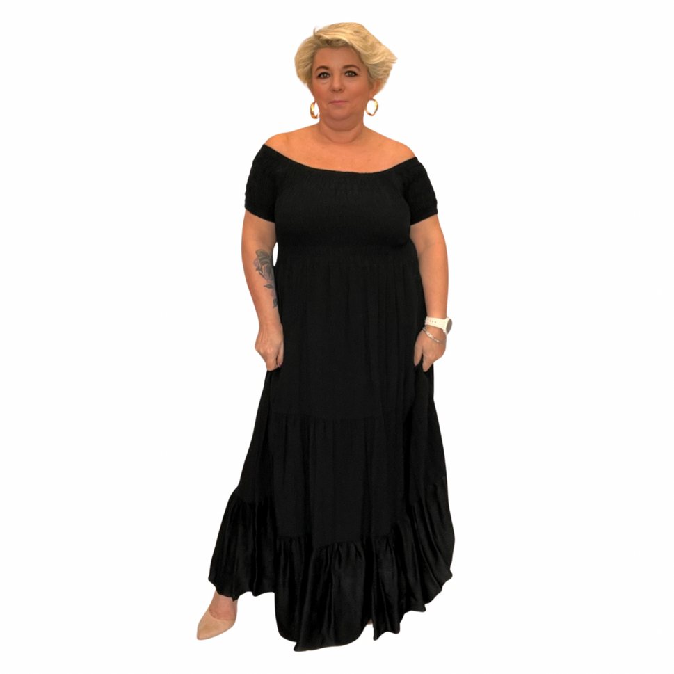 ELASTICATED TOP LAYERED SHORT SLEEVE MAXI DRESS WITH SATIN HEMBLACK / UK 12-14