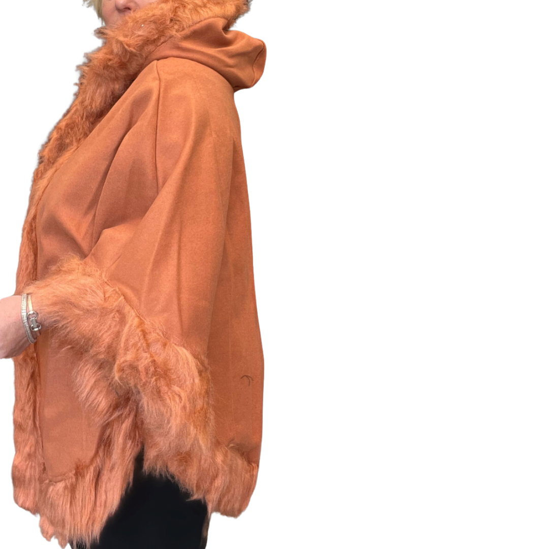 WOOL PONCHO / CAPE COAT WITH FAUX FUR EDGING AND HOOD