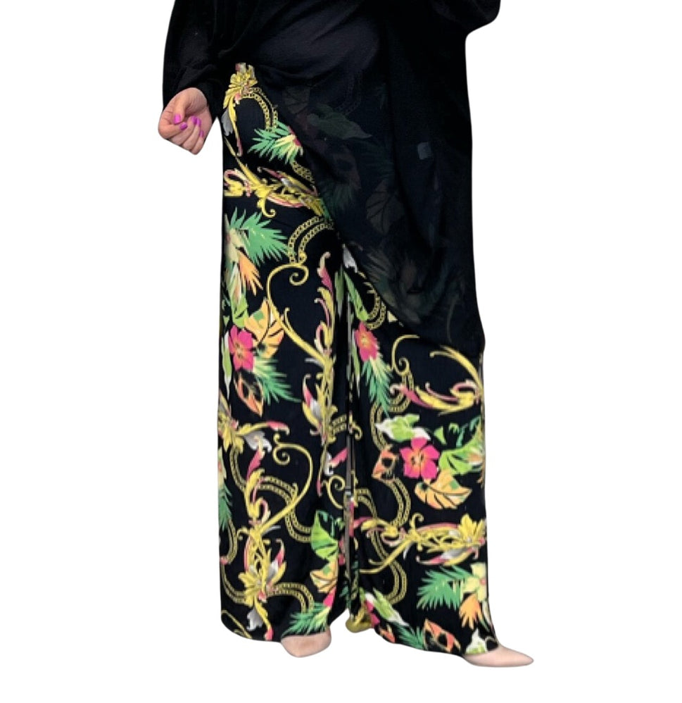 BLACK YELLOW TROPICAL HIGH WAIST PALAZZO TROUSERS