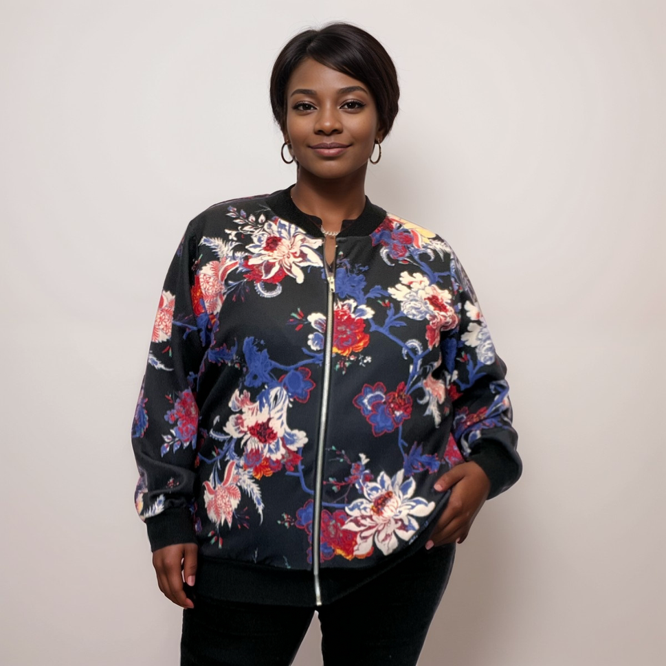 BLACK BLUE RED FLORAL ZIP UP BOMBER JACKET