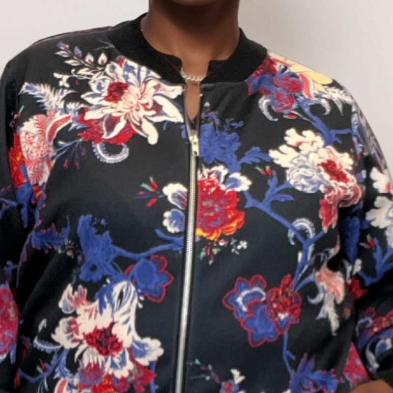 BLACK BLUE RED FLORAL ZIP UP BOMBER JACKET