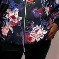 BLACK BLUE RED FLORAL ZIP UP BOMBER JACKET