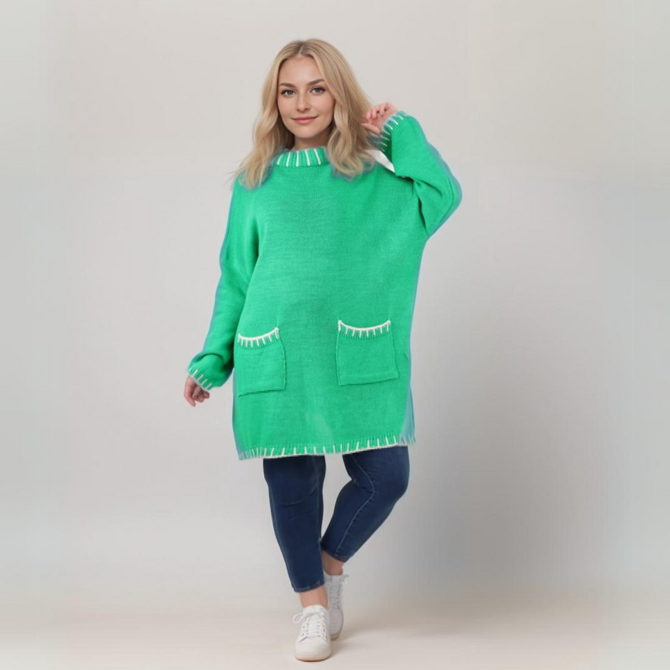 TURTLE NECK LONG JUMPER DRESS BLANKET STITCHGREEN WHITE / UK 16-18