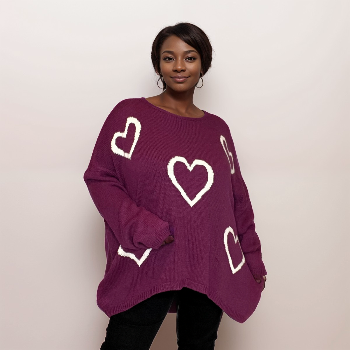 SCOOP HEM OVERSIZED KNITTED JUMPER WITH HEARTS