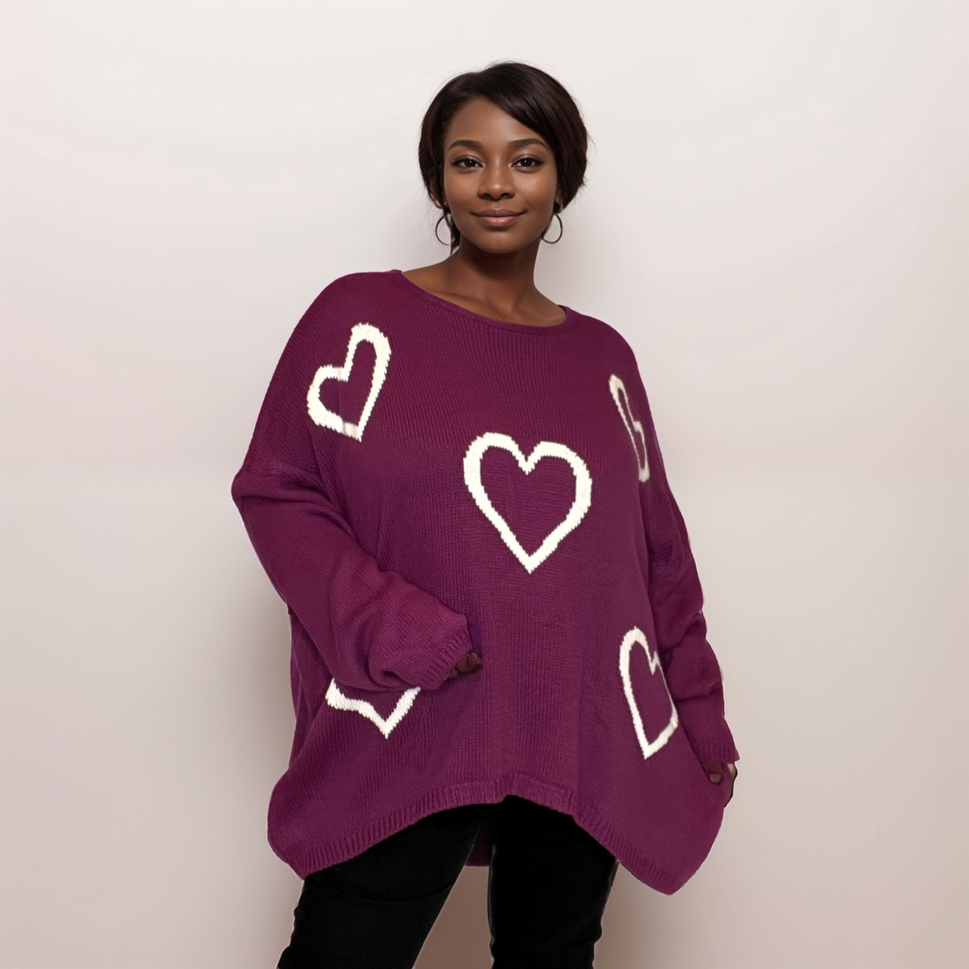 SCOOP HEM OVERSIZED KNITTED JUMPER WITH HEARTSMagenta / UK 16-18