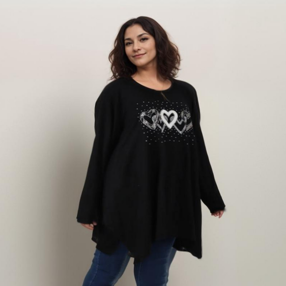 HANKY HEM LONG SLEEVE TOP WITH 5 SPARKLY HEARTSBLACK / UK 16-18