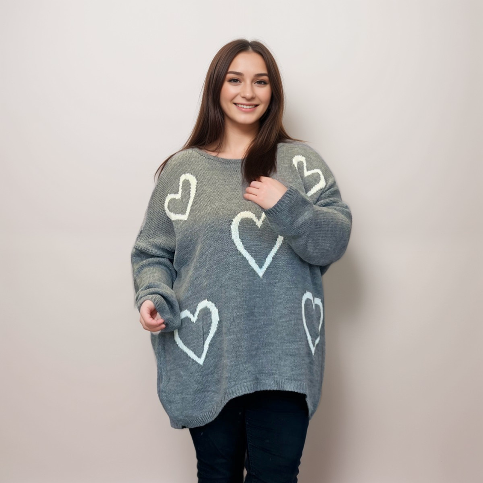 SCOOP HEM OVERSIZED KNITTED JUMPER WITH HEARTSGrey / UK 16-18