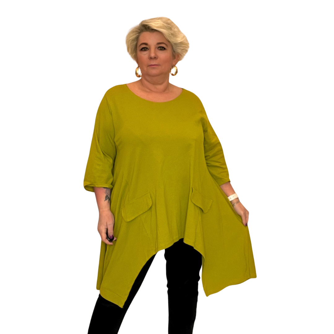 HANKY HEM LOOSE FITTING TOP WITH MOCK FRONT POCKETS
