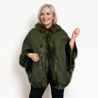 WOOL PONCHO / CAPE COAT WITH FAUX FUR EDGING AND HOOD