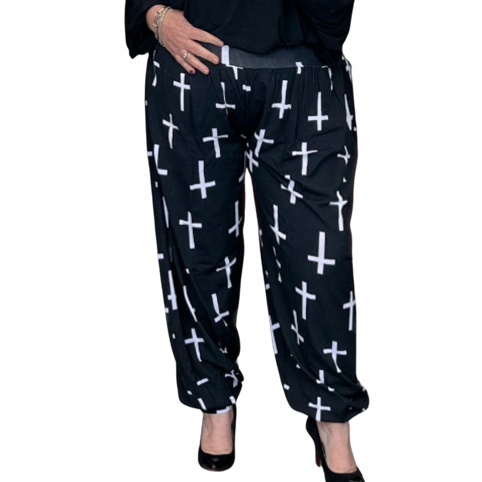 ROCKTHOSECURVES CROSS PRINT HAREM PANTS ALI BABA TROUSERSBlack White / UK 12-14