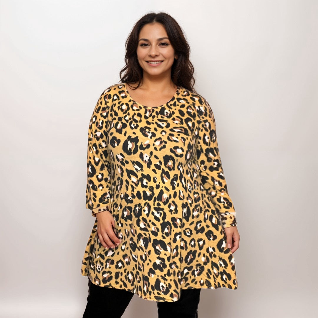 BRIGHT YELLOW LEOPARD 3/4 SLEEVE SWING TOP