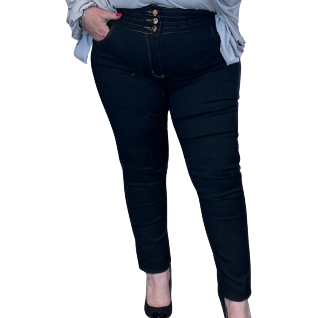 ROCKTHOSECURVES BLACK STRETCH HIGH WAIST JEANS WITH GOLD BUTTONS AND LATTICE WAIST