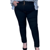 BLACK STRETCH HIGH WAIST JEANS WITH GOLD BUTTONS AND LATTICE WAIST