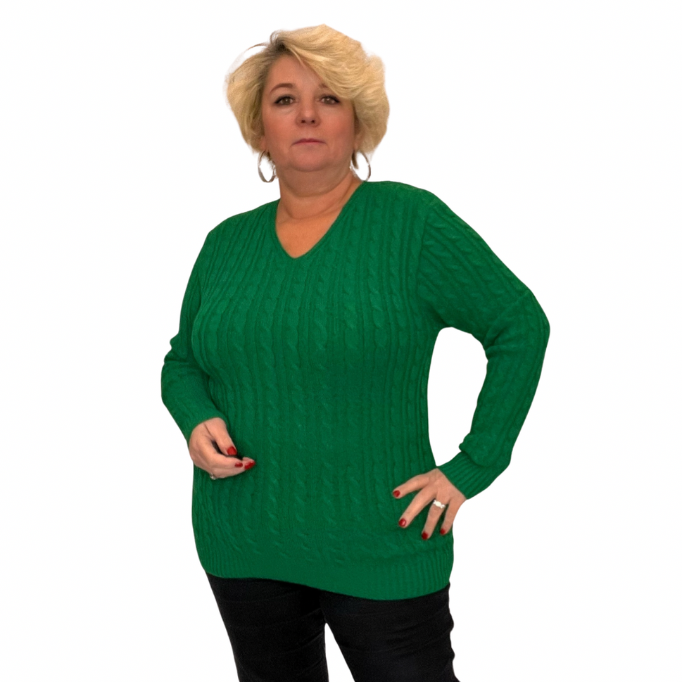 V NECK CABLE KNIT LONG SLEEVE JUMPERGreen / UK 12-14