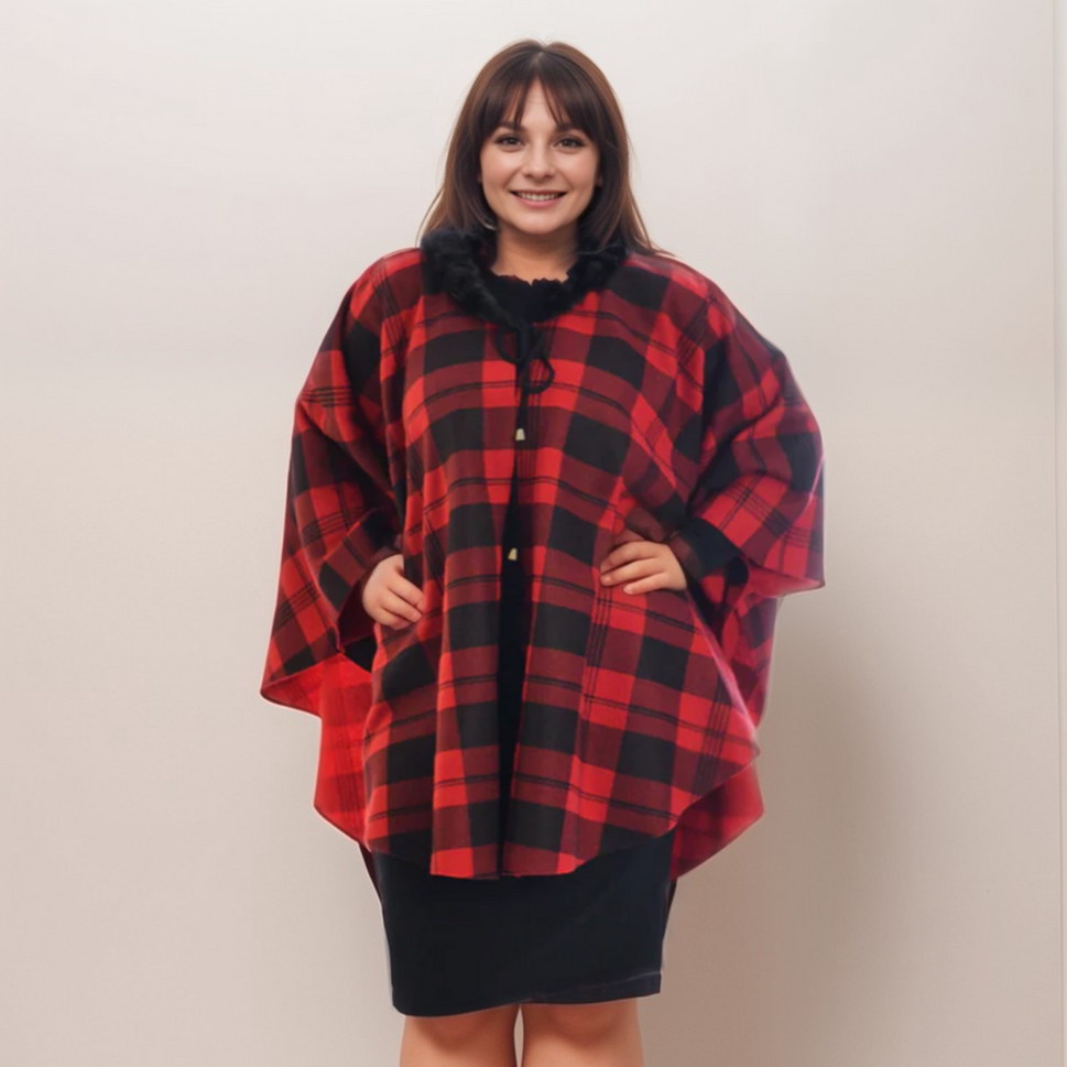 TARTAN FLEECE OVERSIZED PONCHO / CAPE WITH FAUX FUR COLLARRED / ONE SIZE