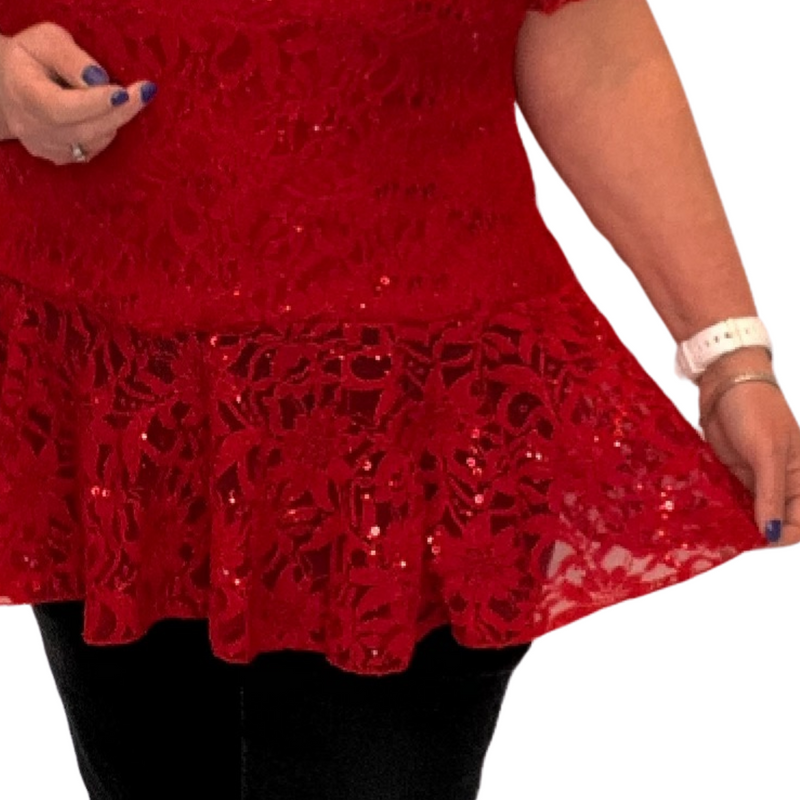 SEQUIN AND LACE SHORT SLEEVE PEPLUM BLOUSE