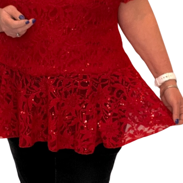 ROCKTHOSECURVES SEQUIN AND LACE SHORT SLEEVE PEPLUM BLOUSE