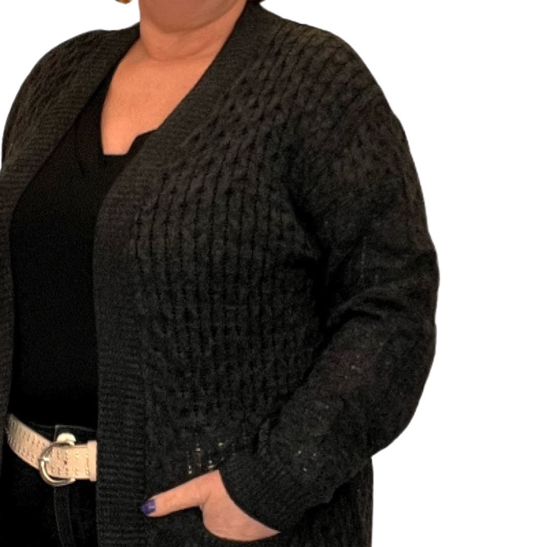 OPEN FRONT CABLE KNIT CARDIGAN WITH FRONT POCKETS