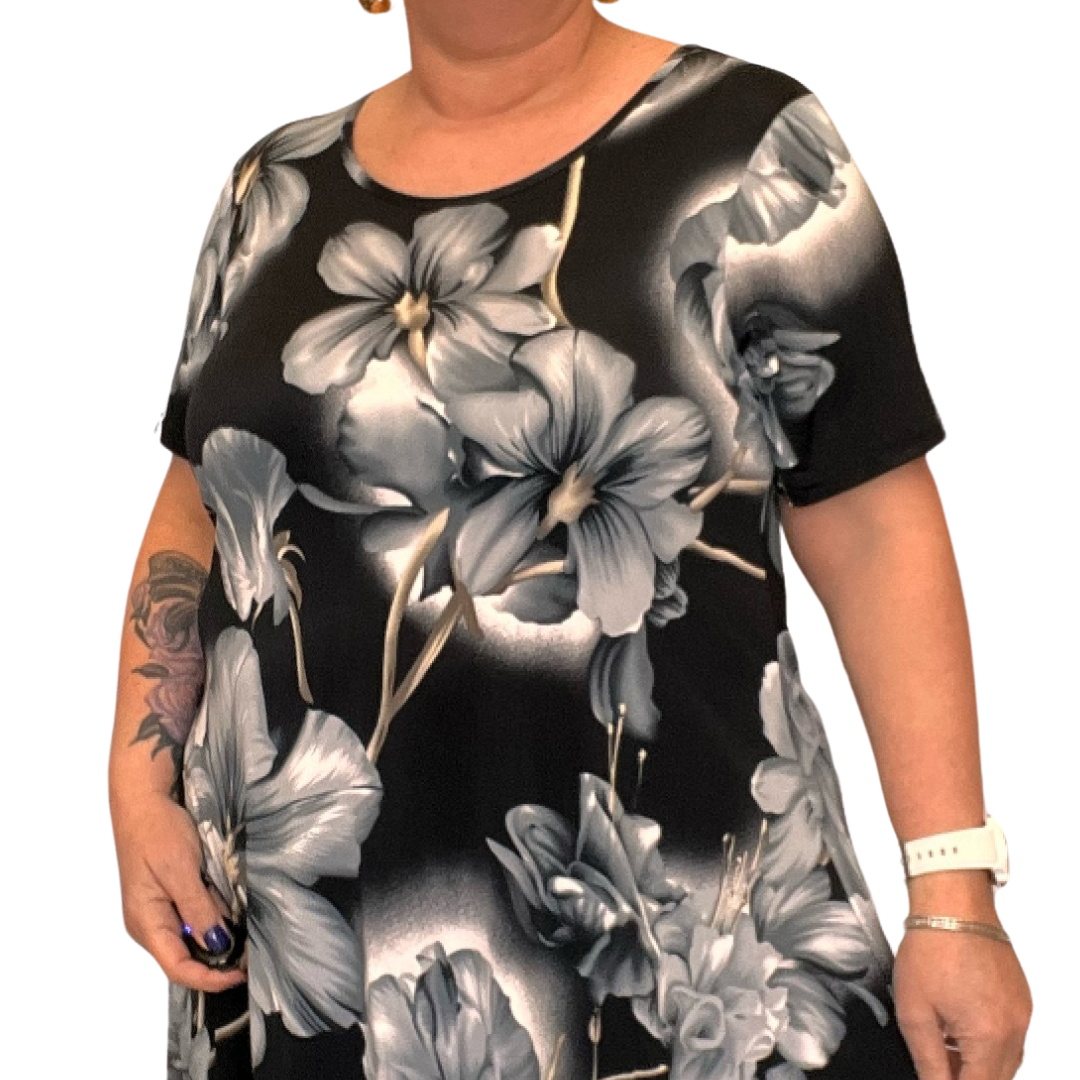 ROCKTHOSECURVES BLACK GREY FLORAL SHORT SLEEVE LONG LENGTH SWING TOP