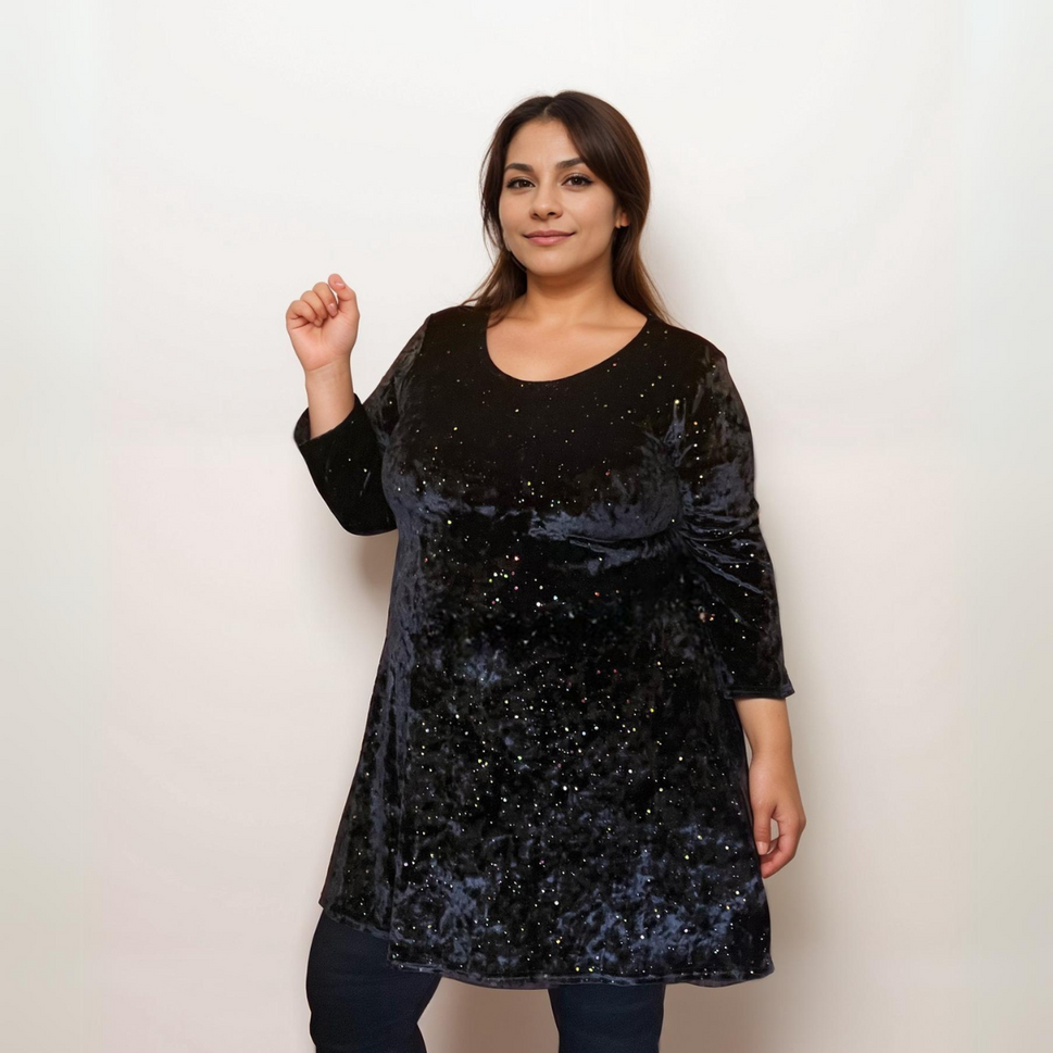 BLACK VELVET 3/4 SLEEVE SWING TOP WITH MULTI COLOUR SEQUINS