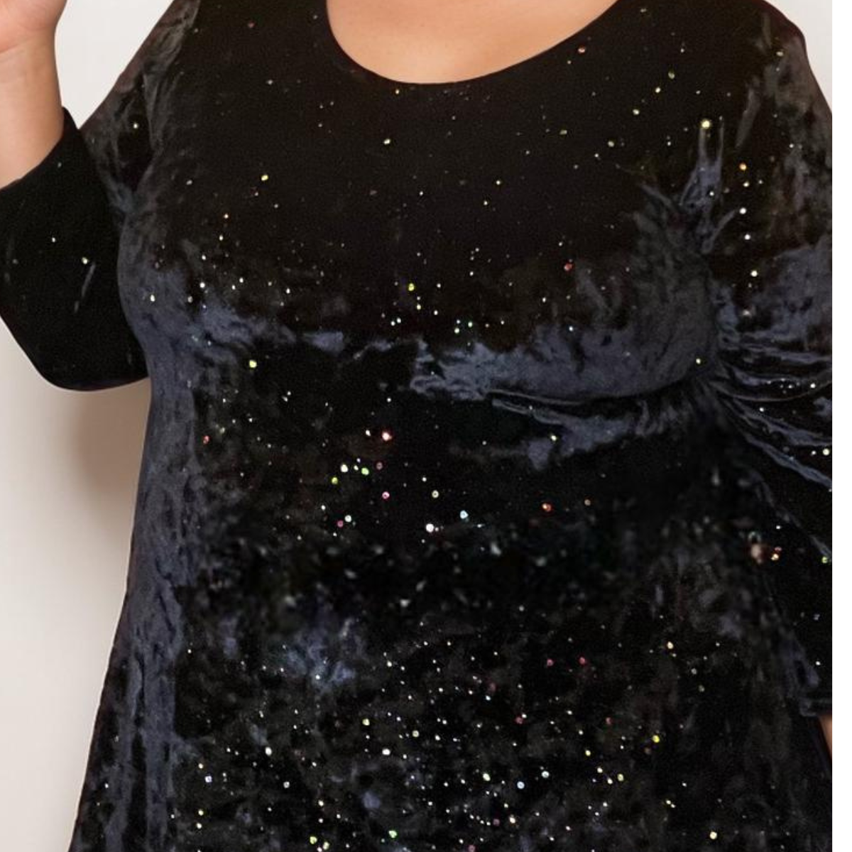 BLACK VELVET 3/4 SLEEVE SWING TOP WITH MULTI COLOUR SEQUINS