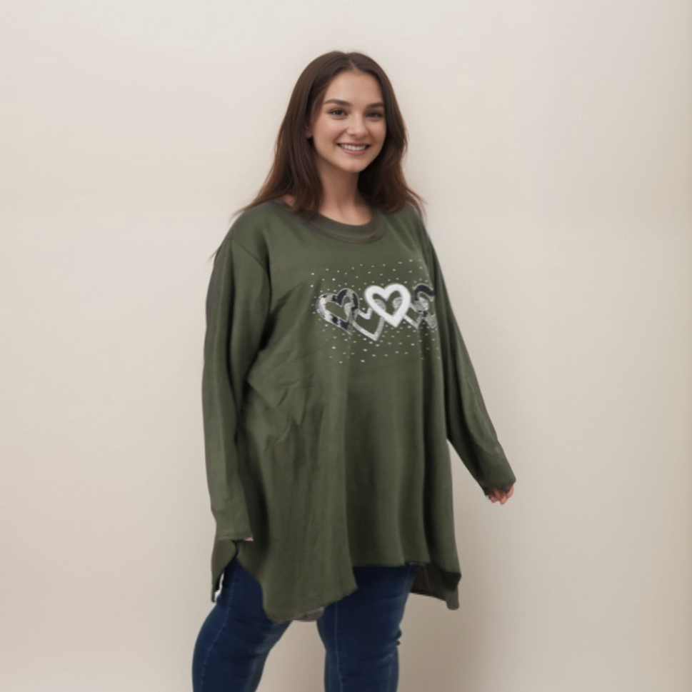 HANKY HEM LONG SLEEVE TOP WITH 5 SPARKLY HEARTS