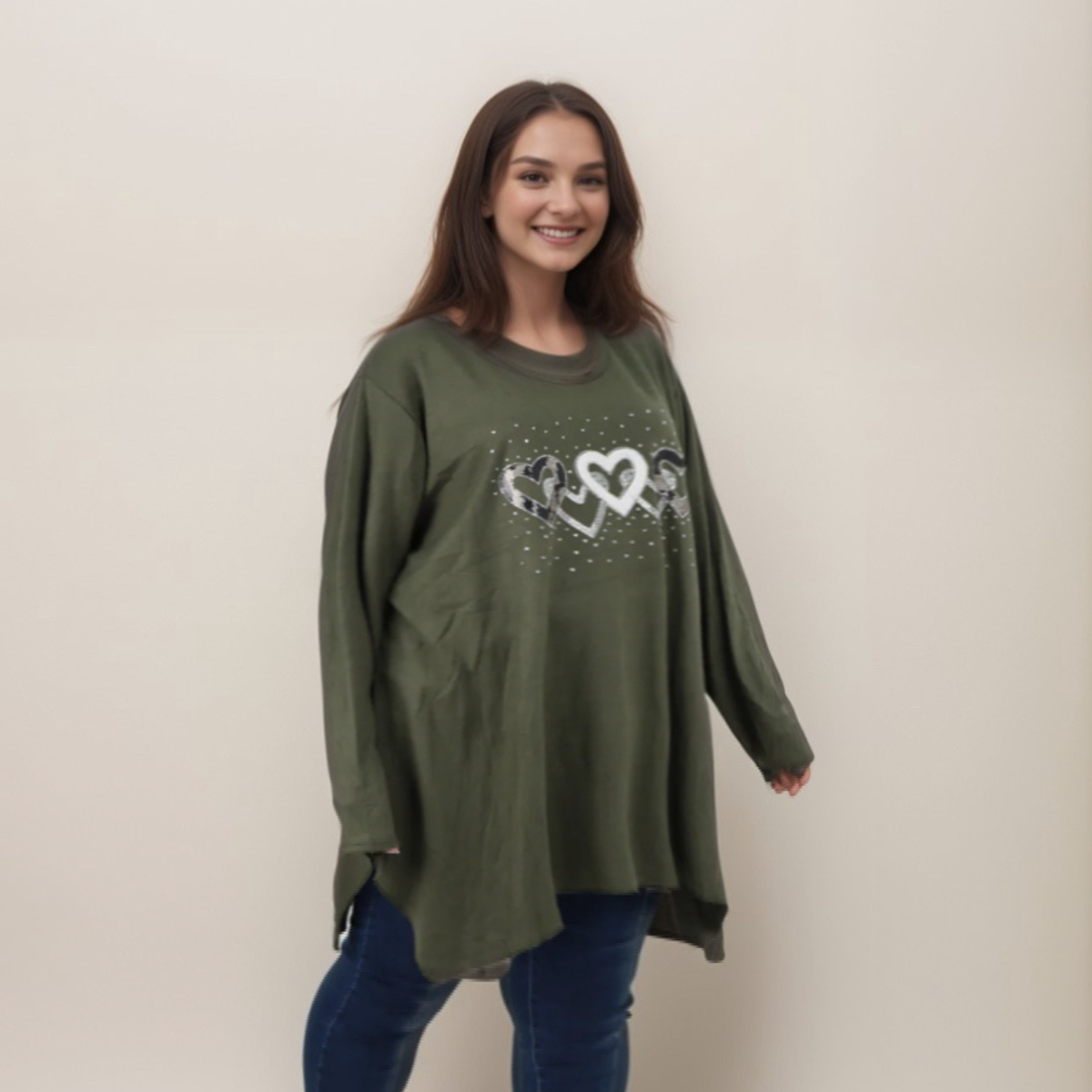 HANKY HEM LONG SLEEVE TOP WITH 5 SPARKLY HEARTS