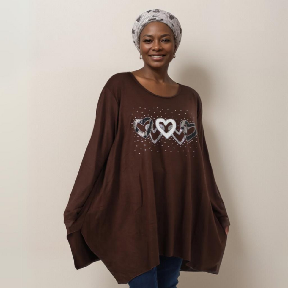 HANKY HEM LONG SLEEVE TOP WITH 5 SPARKLY HEARTSBROWN / UK 16-18