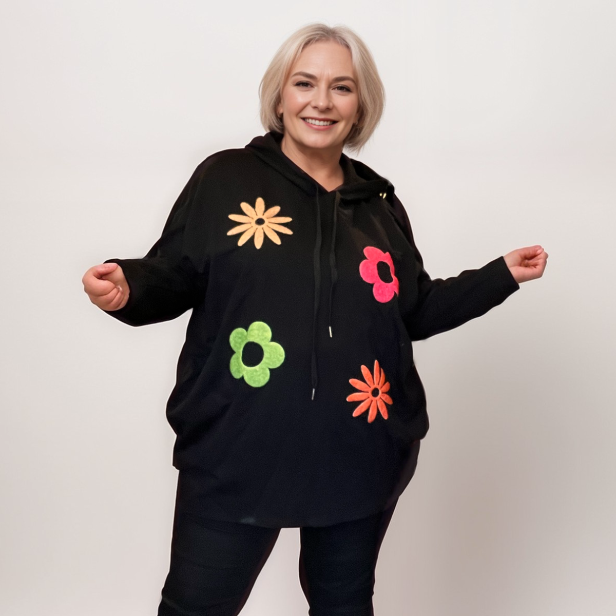 BLACK LONG SLEEVE HOODY / TOP WITH BRIGHT FLOWERS