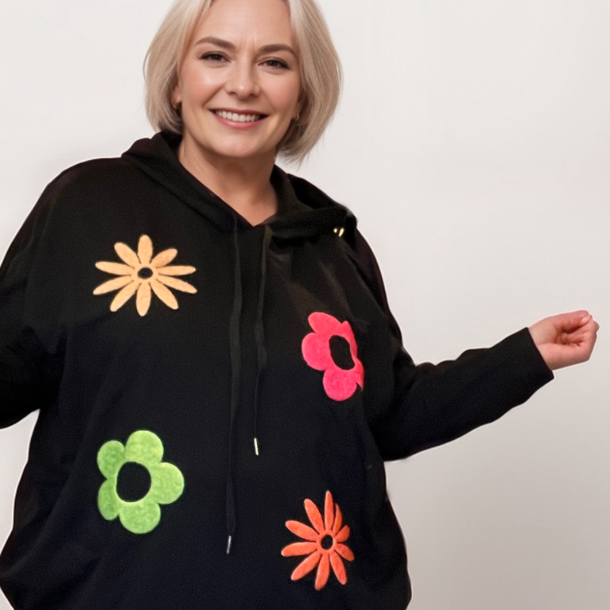 BLACK LONG SLEEVE HOODIE / TOP WITH BRIGHT FLOWERS
