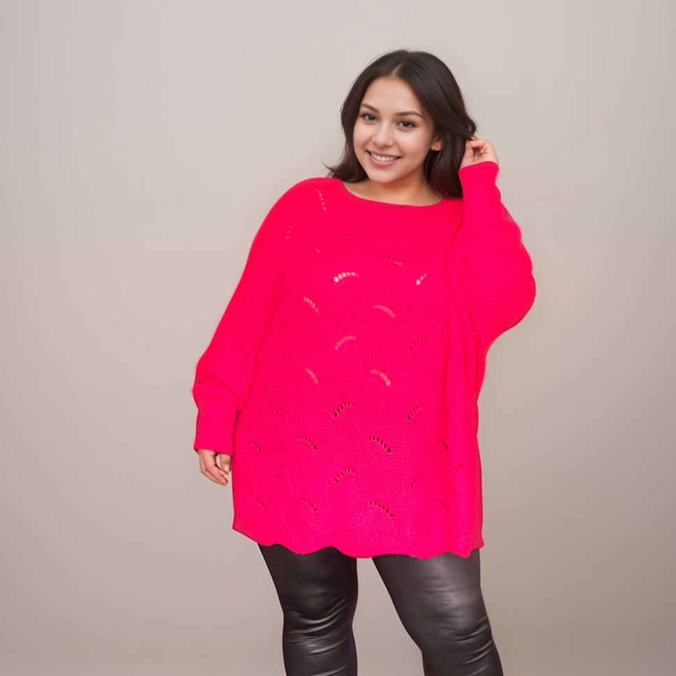 OVERSIZED SHELL PATTERN BATWING JUMPERFUCHSIA / UK 16-18