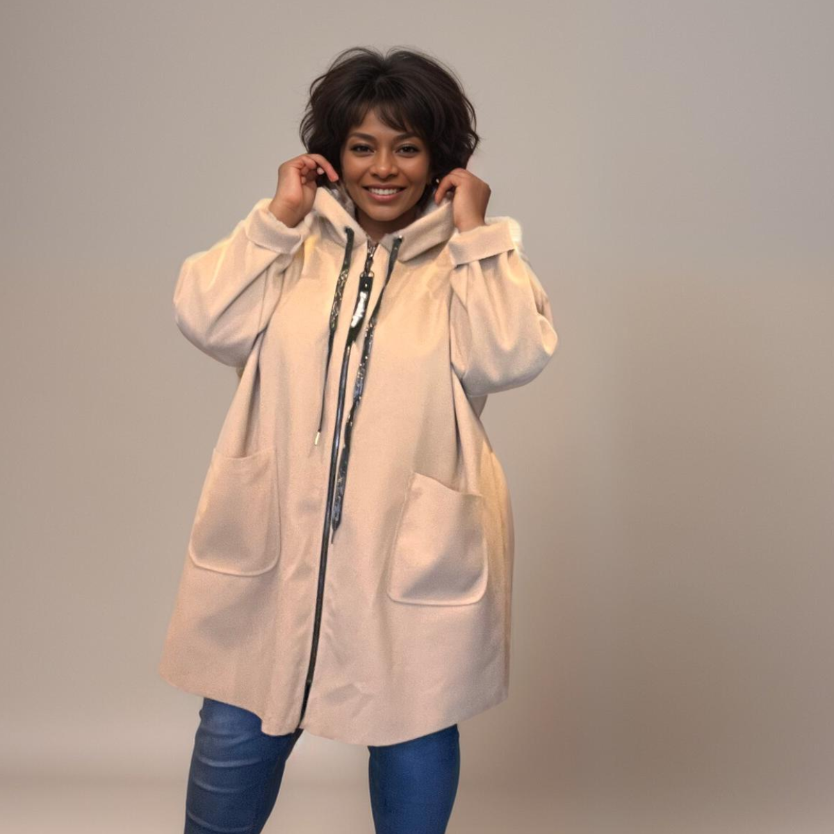 OVERSIZED POCKET FRONT COAT WITH HOOD