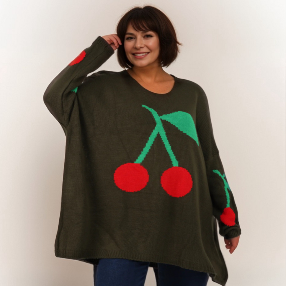 ROUND NECK OVERSIZED CHERRY JUMPERKHAKI / UK 16-18