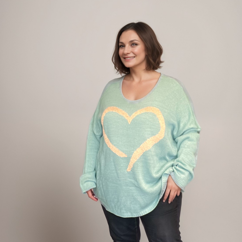 OVERSIZED V-NECK JUMPER WITH LARGE GOLD HEART