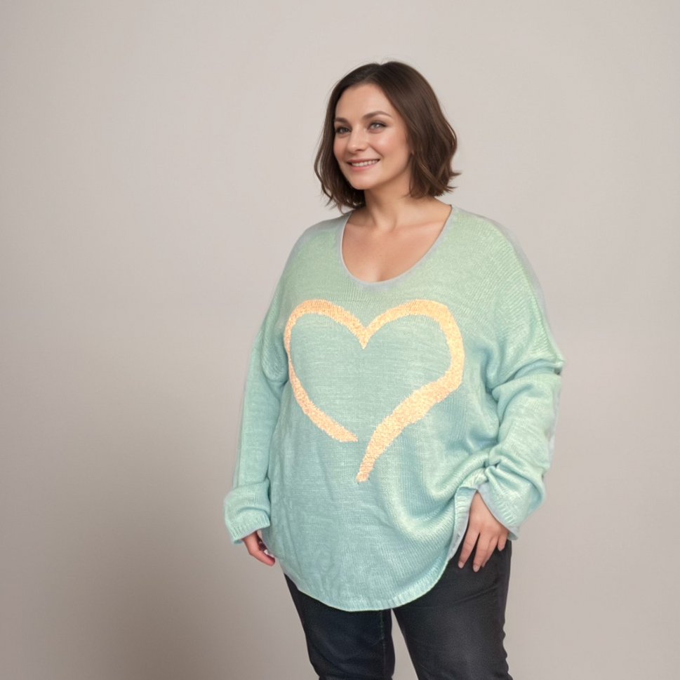 OVERSIZED V-NECK JUMPER WITH LARGE GOLD HEARTMINT / UK 16-18