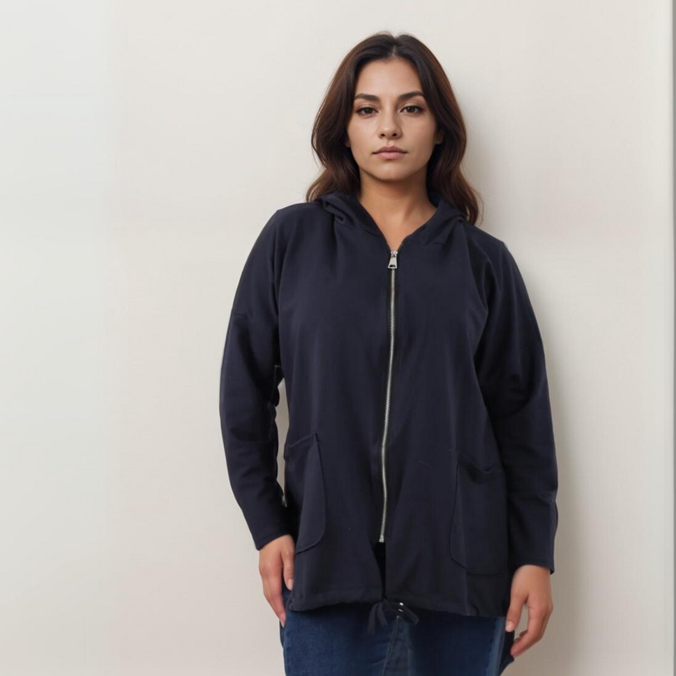 PLAIN LONG LENGTH ZIP UP HOODY JACKETNAVY / UK 16-18