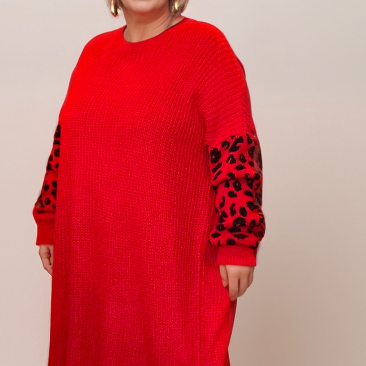 LONG LENGTH JUMPER DRESS WITH LEOPARD SLEEVES