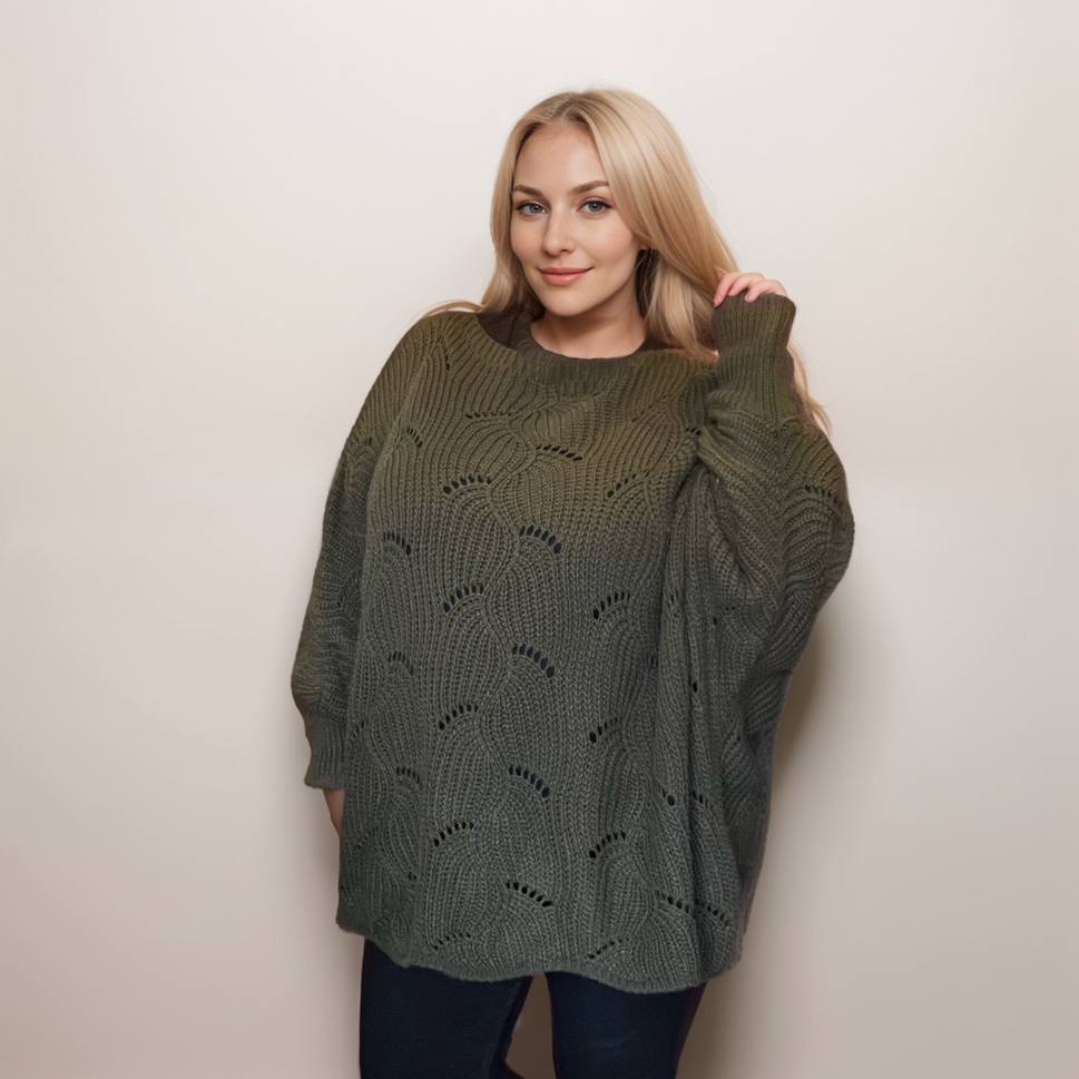 OVERSIZED SHELL PATTERN BATWING JUMPERKHAKI / UK 16-18