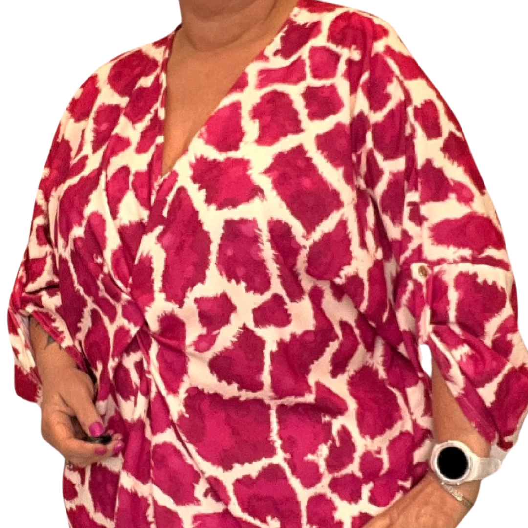 ROCKTHOSECURVES GIRAFFE PRINT V NECK KNOT FRONT LOOSE FITTING BLOUSE