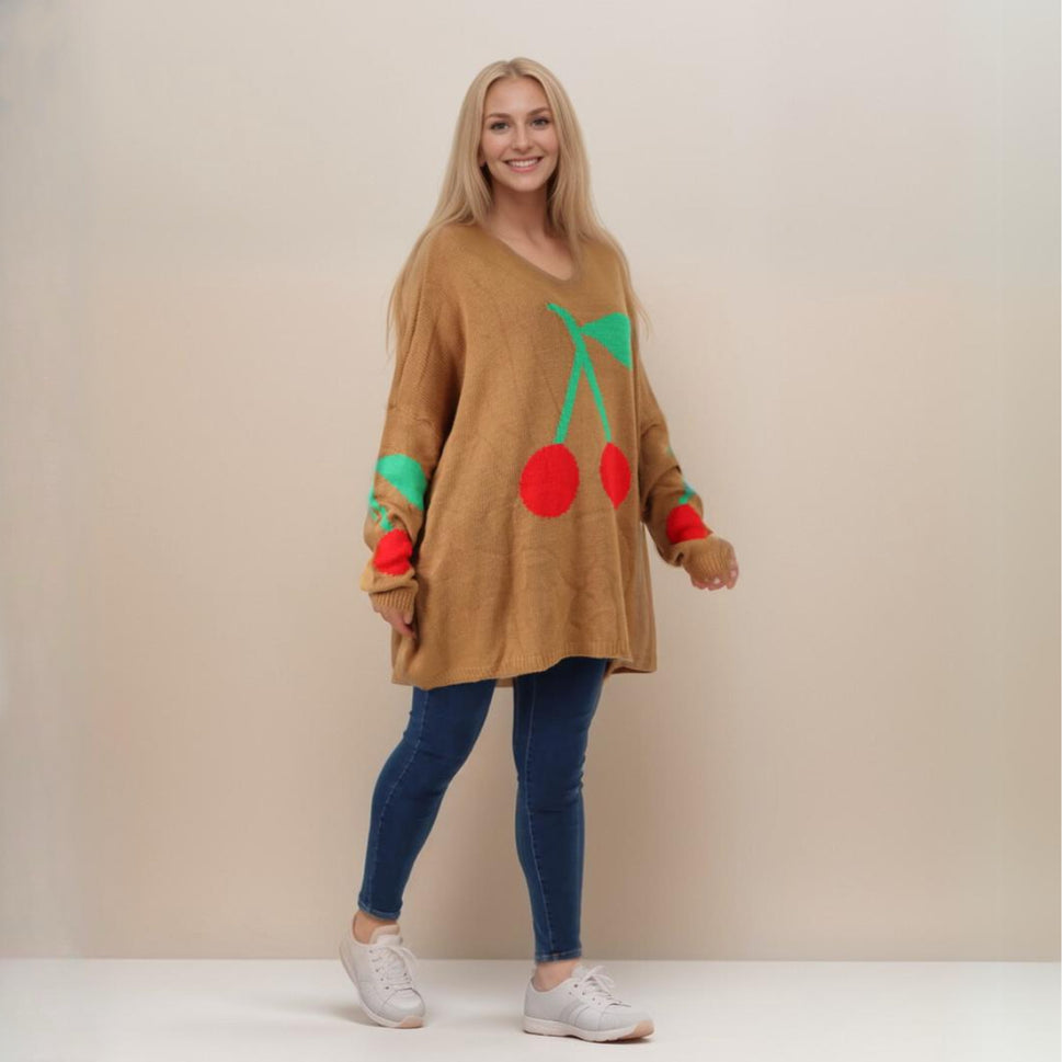 ROUND NECK OVERSIZED CHERRY JUMPERBROWN / UK 16-18