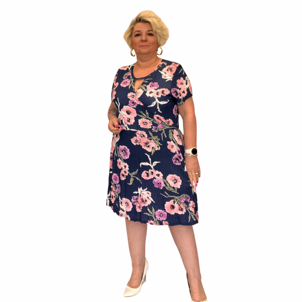 NAVY PINK FLORAL SHORT SLEEVE MOCK WRAP SKATER DRESS