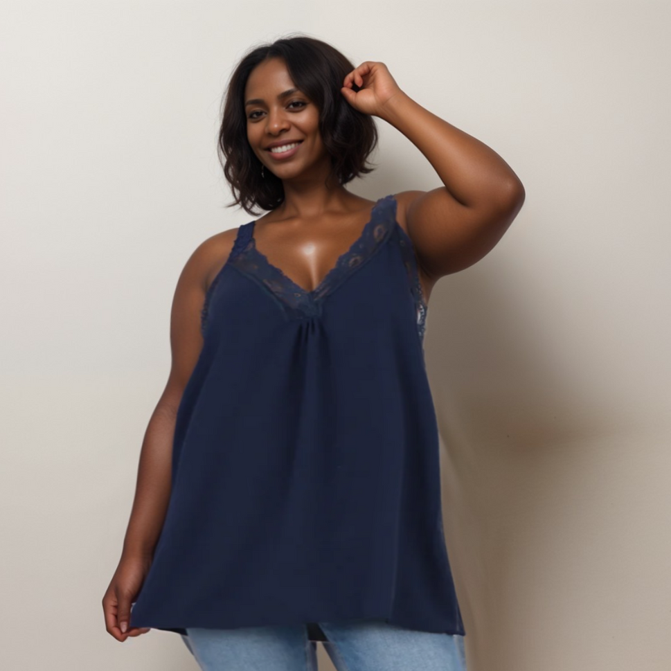 LACE EDGED SLEEVELESS BLOUSE / VEST TOPNAVY / UK 16-18