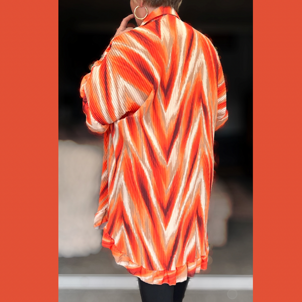 Zig Zag Print Frilled Edge Pleated Long Length Oversized Blouse / Shirt