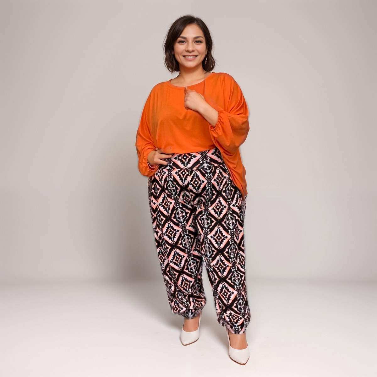 Black & Orange Tile-Print Harem Pants Plus-Size
