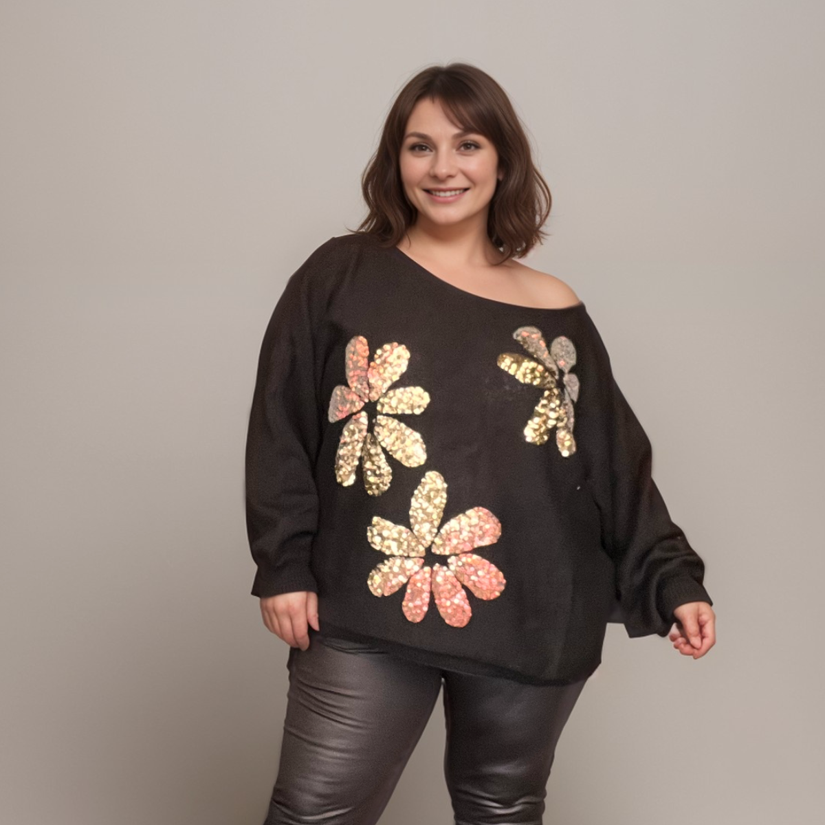 BLACK JUMPER WITH GOLD SEQUIN FLOWERS