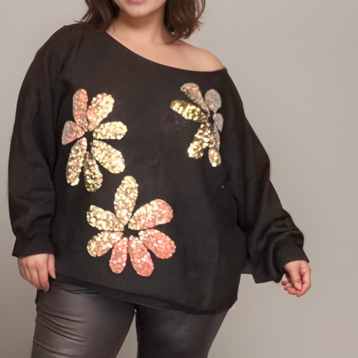 BLACK JUMPER WITH GOLD SEQUIN FLOWERS