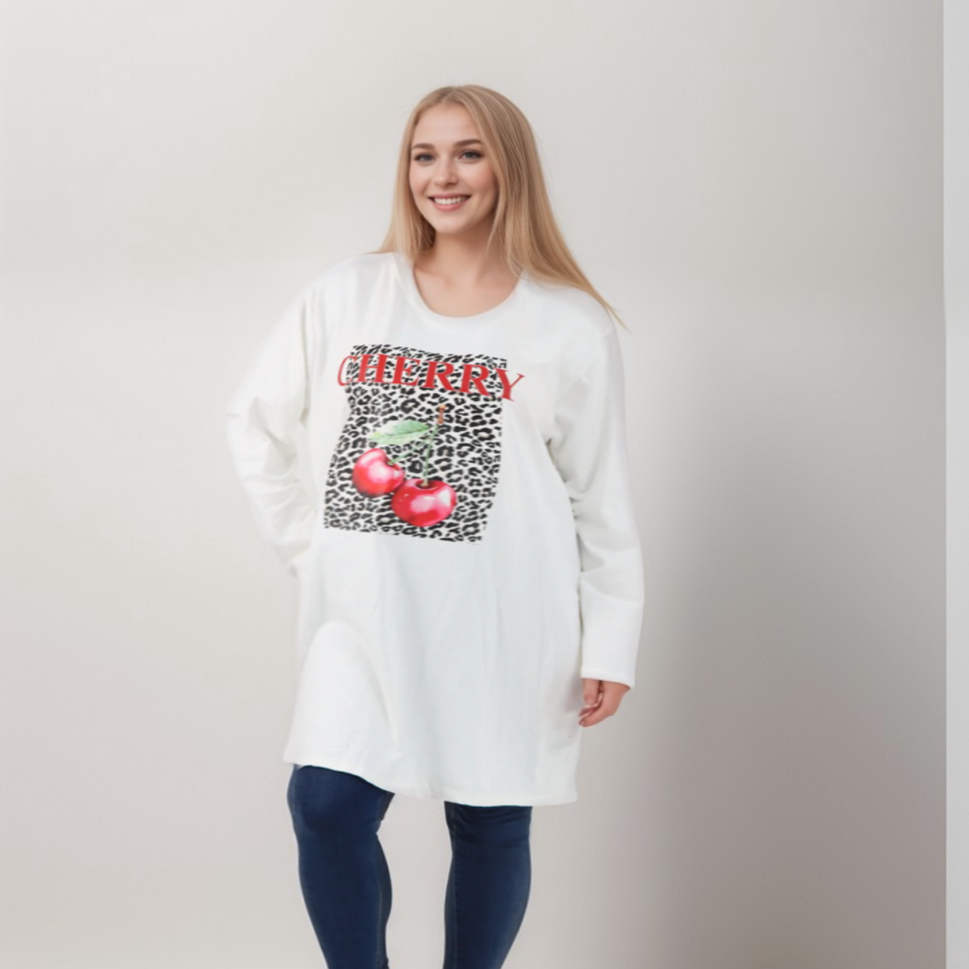 CHERRY LEOPARD LONG SLEEVE T-SHIRTWHITE / UK 16-18