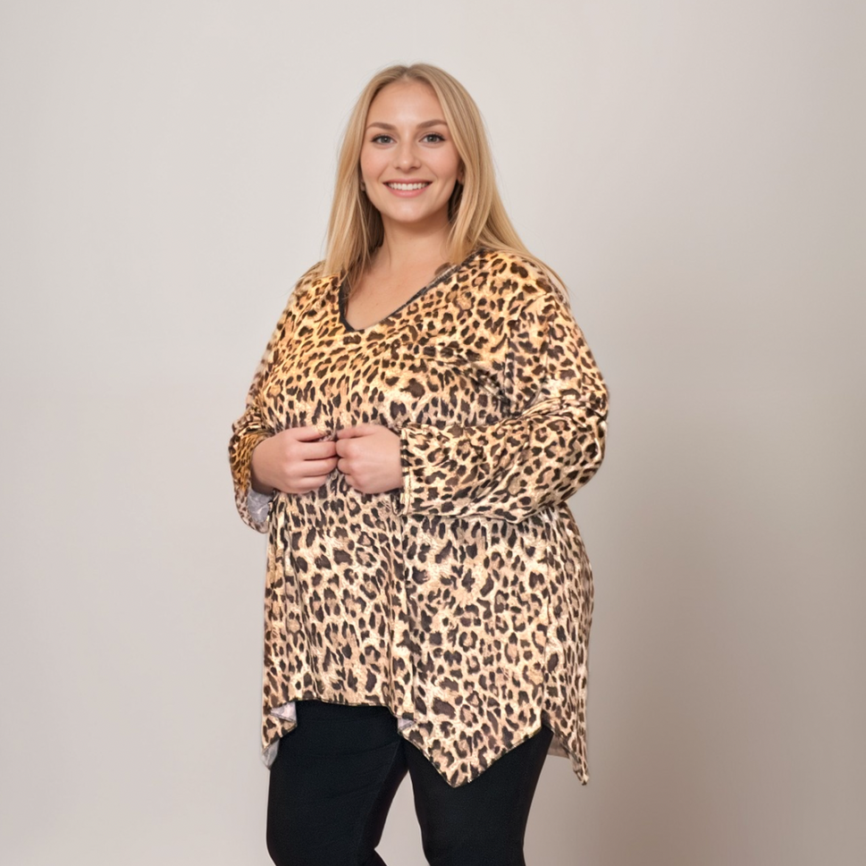 LOOSE FITTING V NECK HANKY HEM TOPBROWN FINE LEOPARD / UK 16-18