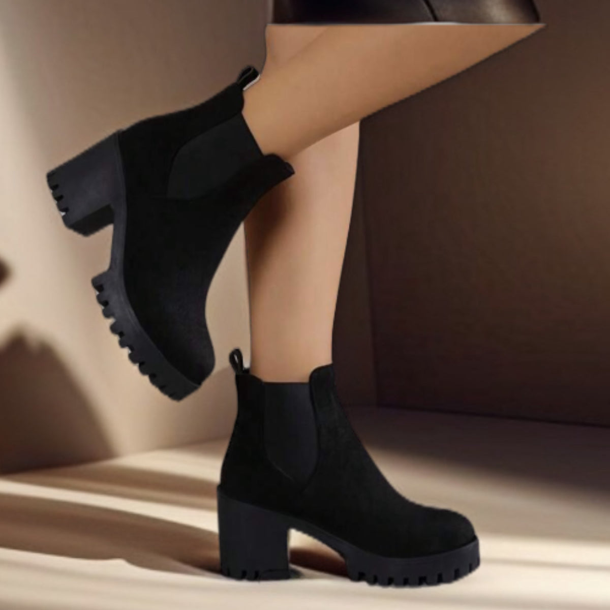 BLACK SUEDETTE CHUNKY BLOCK HEEL ANKLE BOOTS