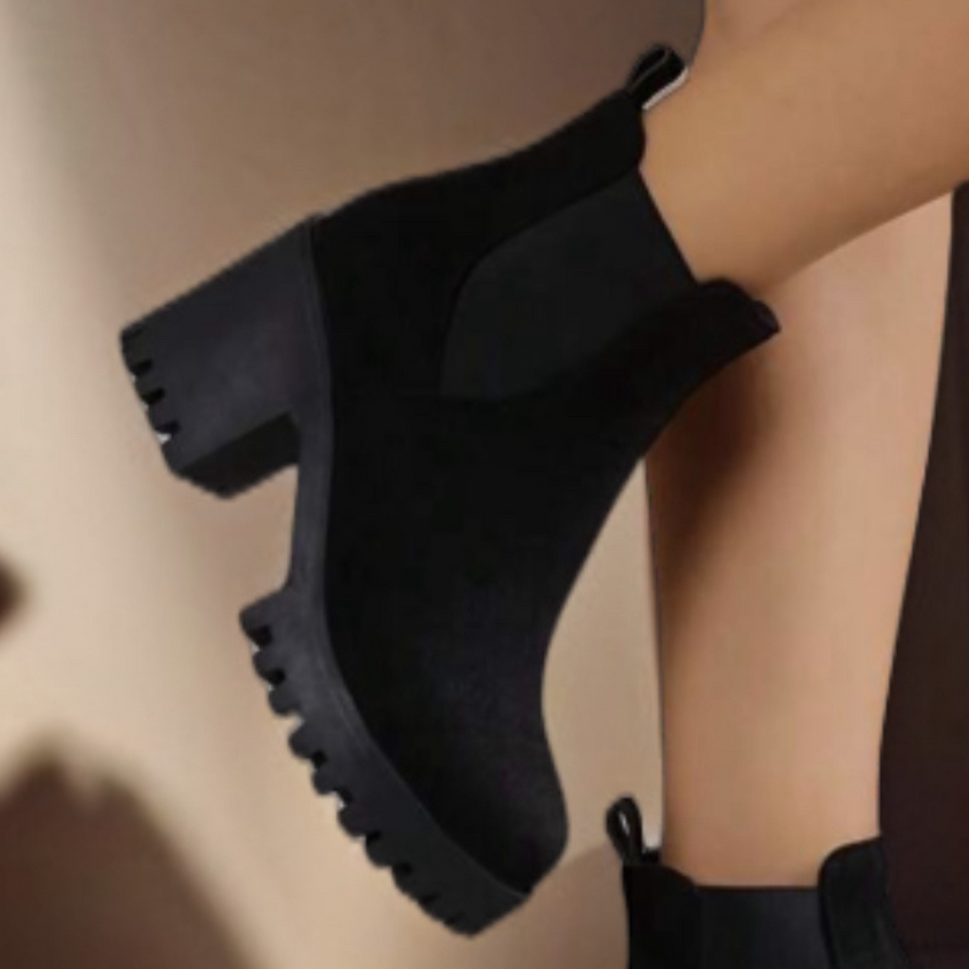 BLACK SUEDETTE CHUNKY BLOCK HEEL ANKLE BOOTS